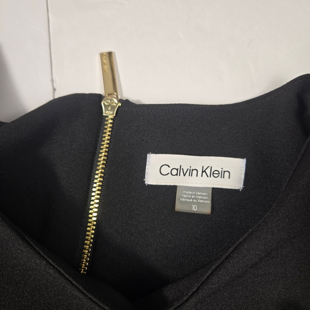 NWT Calvin Klein Black Belted A-Line Midi Dress Short Sleeve Gold Zip 10 - Picture 13 of 16